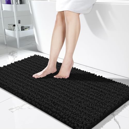 Yimobra Bathroom Runner Rug 55x24 Inch - Extra Long Non Slip Chenille Bath Mat, Soft & Absorbent, Machine Washable Shaggy Hallway Carpet for Vanity Tub Shower, Black Home Decor Accessories by Yimobra