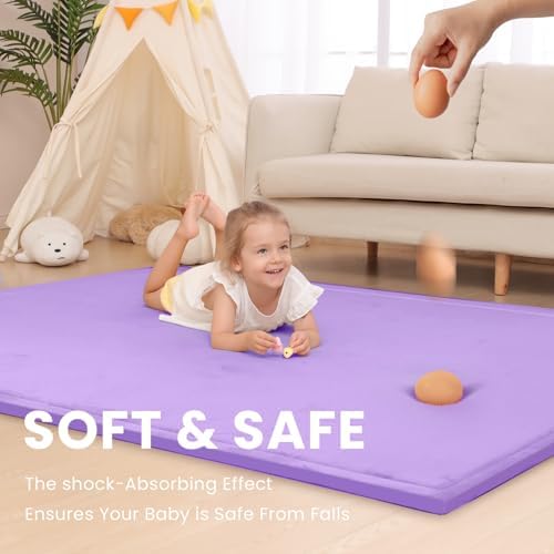 Baby Play Mat for Floor,1.3" Thick Elasti-Foam 50x50 Playpen Mat for Toddlers Infant kids,Water-Repellent Soft Coral Velvet for Tummy Time,Non-Slip Backing for Crawling,Tatami Style(Lavender) - Image 3