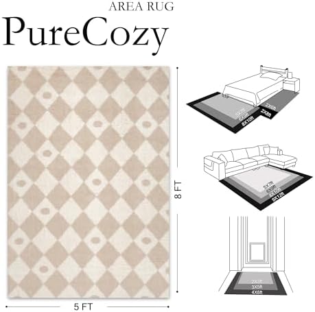 PureCozy Beige 5x8 Area Rug for Living Room Soft Checkered Shag Carpet - Image 2