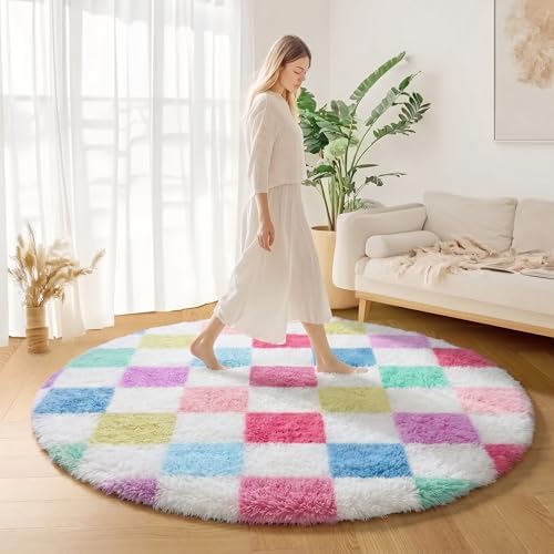 KICMOR Pink Rainbow Round Rug for Bedroom Girls, Cute Fluffy Soft 4ft Circle Area Rug Small Fuzzy Shag Shaggy Living Room Carpet, Circular Checkered Rug for Kids Room Home Decor Aesthetic, Nursery - Image 7
