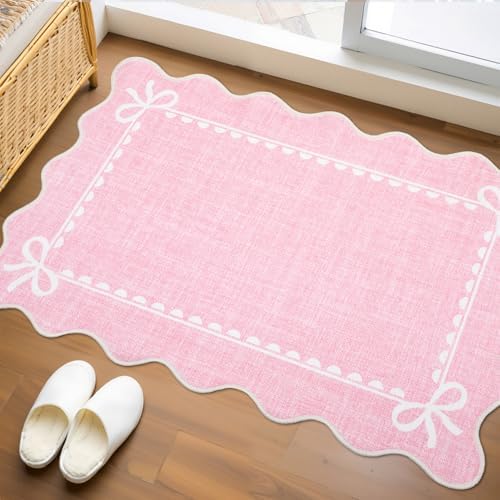 GarveeHome Scalloped Entryway Rug 2x3 Washable Front Door Bow Rug, Pink by GarveeHome