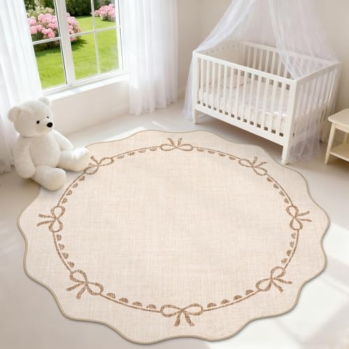 GarveeHome 6ft Round Rugs Washable Scalloped Bow Rug for Bedroom, Beige - Image 2