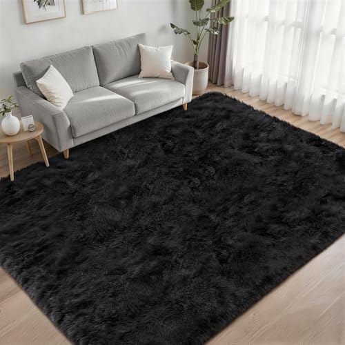 Area Rug Living Room Bedroom: 4x6 Fluffy Plush Shag Carpet Black - Image 2
