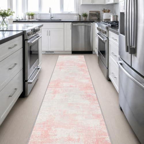 2.6x14 Washable Runner Rug:Modern Abstract Soft Carpet Pink White - Image 5