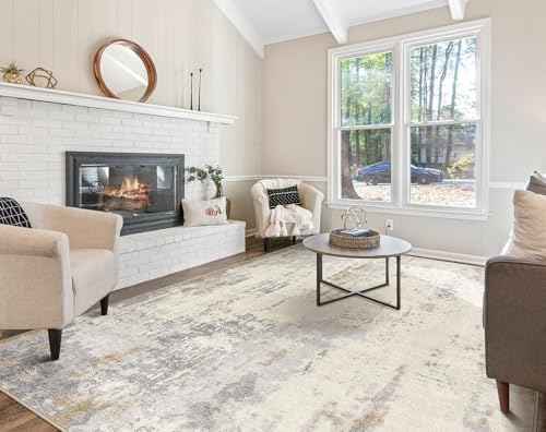 UERMEI 9x12 Area Rug Living Room Rugs - Washable Neutral Modern Abstract Soft Thin Rug Indoor Floor No Slip Rug Carpet for Bedroom Under Dining Table Home Office Decor - Light Brown/Gray - Image 4