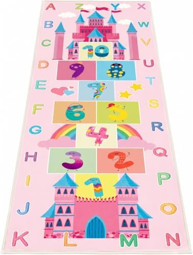 Hopscotch Kids Rug for Playroom, Colorful Educational Classroom Rugs with ABC Number, Non Slip Kids Play Mat Rug Game Carpet for Bedroom Boy Girl - Pink, 24''x72'' by Bildenly