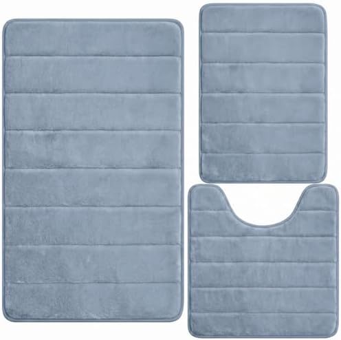 Bathroom Rugs Set 3 Piece, Memory Foam Bath Rugs, Non Slip Washable Bathroom Rug Set, Extra Soft Absorbent Bath Mats with U-Shaped Toilet Rug, Dusty Blue by AINAHYVA