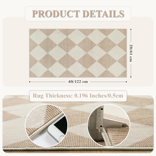 Beeiva Checkered Print Washable Runners for Hallways 2x4, Ultra Thin Beige Small Rugs for Entryway Low Pile Non Slip Bathroom Rug, Modern Geometric Decor Neutral Throw Rug for Kitchen Laundry Bedroom - Image 2