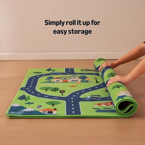 Amazon Basics Kids Washable Area Rug, Printed Carpet Play Mat for Living Room, Bedroom, Nursery, Classroom, 4' W × 6' L, City Road Green - Image 6