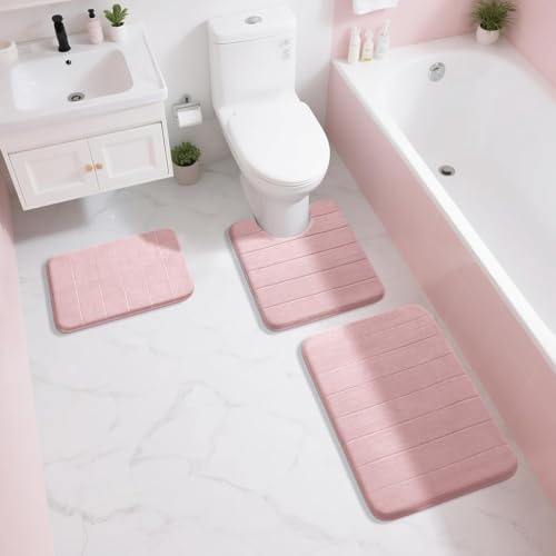 Yimobra Pink Bath Mat, Super Soft Absorbent Memory Foam Bathroom Rug Non Slip, Quick Dry, Machine Washable Floor Carpet for Tub Shower, Home Decor Accessories, 24x17 - Image 2