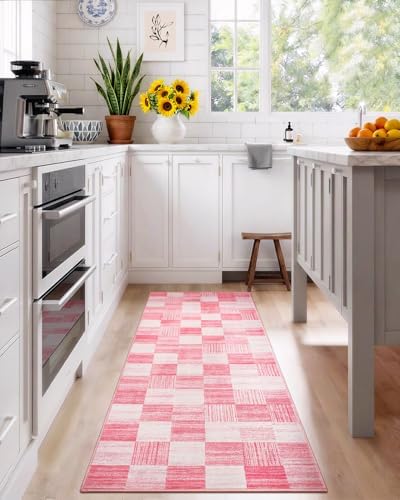 Terrug Pink and White Checkered Area Rug for Kitchen, 2x6 Runner Rugs by TerrugHomeDecor