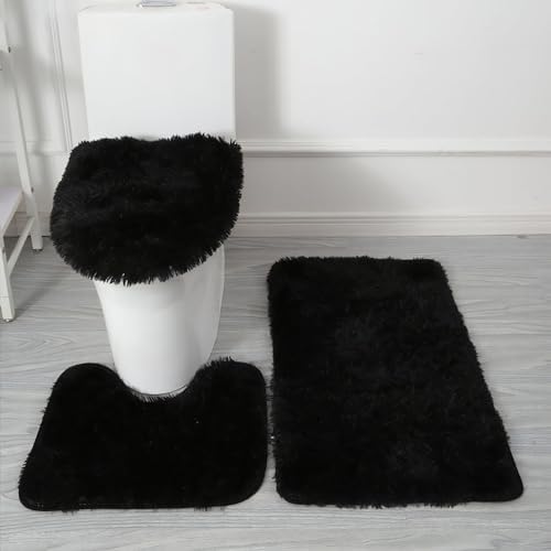 Black Bathroom Rugs Sets 3Piece Bath Mat Solid Bath Rug Floor Mats Washable Shower Rug with U-Shaped Contour Rug Toilet Lid Cover by Eanpet