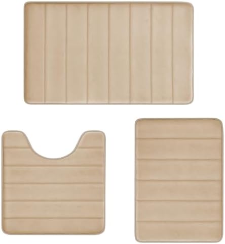 RUN HELIX Memory Foam Bath Mat Set 3 Piece, Soft and Comfortable, Super Water Absorption, Non-Slip, Thick, Machine Wash, Easier to Dry for Bathroom Floor Rug, Beige Toilet Rug Bathroom Set by RUNHELIX