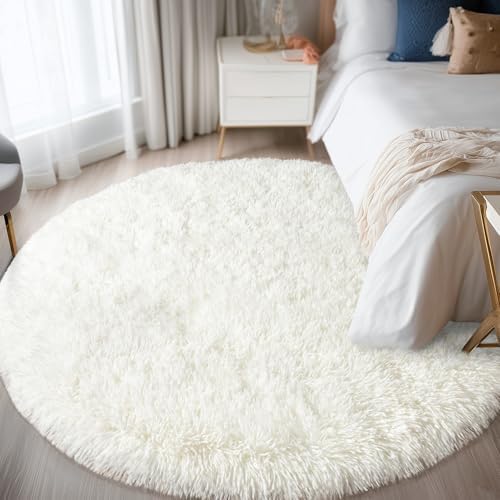 6ft Fluffy Cream White Round Rug for Bedroom Living Room, Washable Non-Slip by WISHTREE