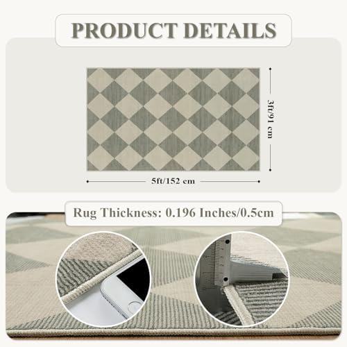 Beeiva Checkered Print Bedroom Area Rug 3x5, Non Slip Ultra Thin Washable Entryway Rug Low Pile Soft Bathroom Rugs Green, Moroccan Farmhouse Trellis Throw Rugs for Kitchen Office Kids Room - Image 2