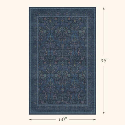 Dark Blue 5x8 Boho Living Room Rug - Small Washable Rugs for Dining Room, Non Skid & Low Pile Soft Carpet for Bedroom Under Bed, Nature Botanical Pattern Mats - Image 2