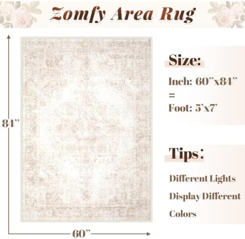 Area Rug 5x7 Vintage Rug: Washable Indoor Medallion Rugs Low Pile Distressed Floor Carpet Retro Accent Rug for Living Room Bedroom Kitchen Dining Table Home Office(Retro Beige, 5'x7') - Image 2