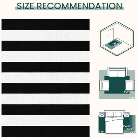 KOZYFLY Black and White Striped Runner Rug 2x4.3 ft Mat Woven Cotton Rug - Image 3