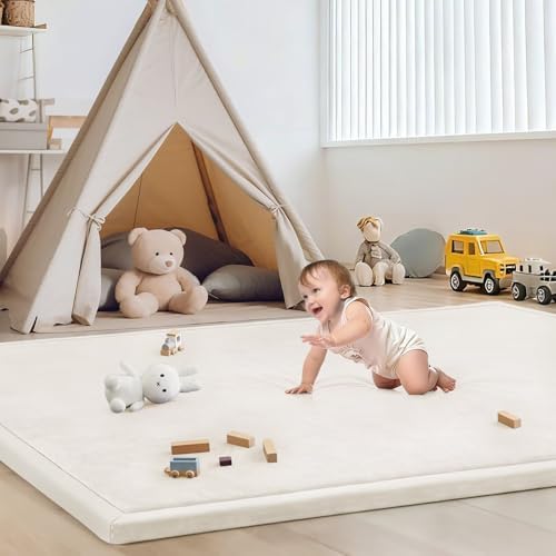 Baby Play Mat for Floor Nursery Rug Muscle Mat Area Rug Playroom Rug 59"x79" Playpen Mat Elastic Foam 1.3" Thick Crawling Mat for Babies,Toddlers, Infants, Kids,Cream by ILPEOD