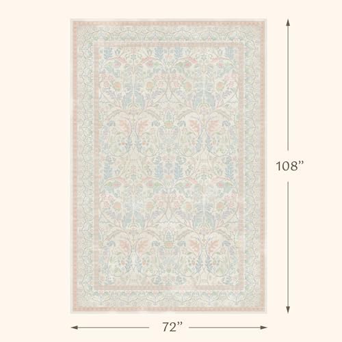 Light Pink 6x9 Girl Bedroom Rug Low Pile & Soft, Botanical Floral Washable Oushak Area Rug for French Country Living Room, Nuresry, Pastel Pink Non Slip Soft Kids Room Décor - Image 2