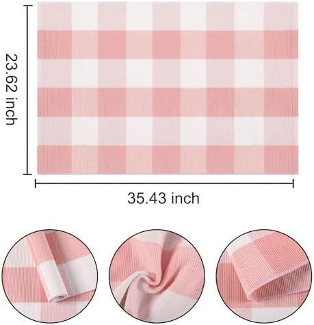 Pink White Buffalo Plaid Layered Doormat 24"x35" Cotton Washable Door Mat - Image 2