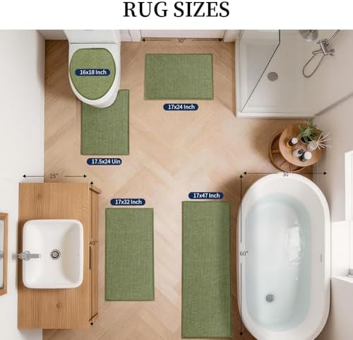 YIHOUSE Green Bathroom Rugs Sets 5 Piece, Quick Dry Thin Bath Mat with Toilet Rug, Non Slip Absorbent Machine Washable, Bath Runner Rugs for Bathtub Sink Home Decor - Image 2