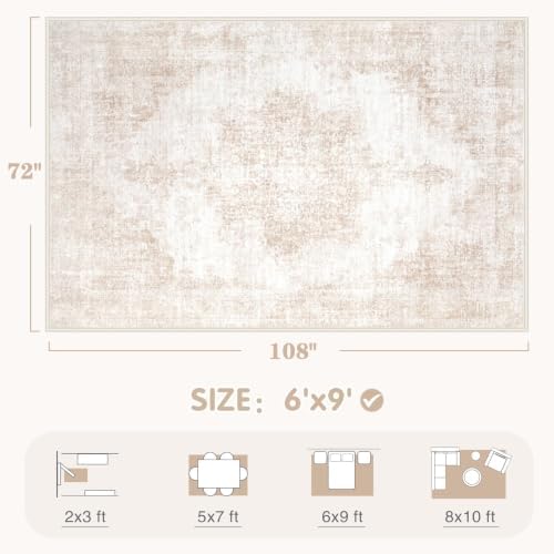 Area Rug 6x9 Vintage Rugs: Washable Living Room Rug Retro Medallion Distressed Large Rug Soft Low Pile Non-Slip Rugs Indoor Floor Carpet for Bedroom Kitchen Nursery Dining Table Office (Beige/Brown) - Image 2