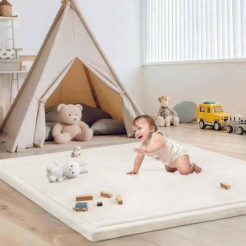 Baby Play Mat for Floor Nursery Rug Muscle Mat Area Rug Playroom Rug 47"x47" Playpen Mat Elastic Foam 1.3" Thick Crawling Mat for Babies,Toddlers, Infants, Kids,Cream by ILPEOD