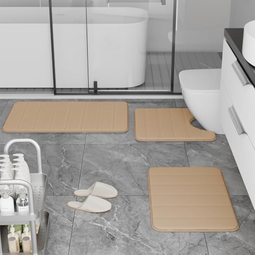 RUN HELIX Memory Foam Bath Mat Set 3 Piece, Soft and Comfortable, Super Water Absorption, Non-Slip, Thick, Machine Wash, Easier to Dry for Bathroom Floor Rug, Beige Toilet Rug Bathroom Set - Image 2