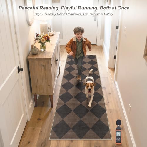 Beeiva Checkered Print Hallway Runner Rug 2x6, Moroccan Kitchen Runner Rugs Non Skid Washable 6ft Ultra Thin Stain Resistant Entryway Decor, Diamond Gingham Alfombra for Bathroom Laundry (Brown/Black) - Image 2