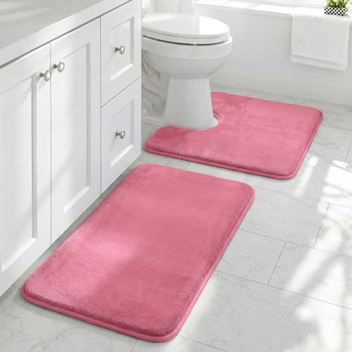 HUXMEYSON Bathroom Rugs Sets 2 Piece, Non-Slip & Quick Dry Bath Mat Set, Ultra Soft Velvet Bath Rugs for Bathroom, Toilet and Shower Floor, Pink by HUXMEYSON
