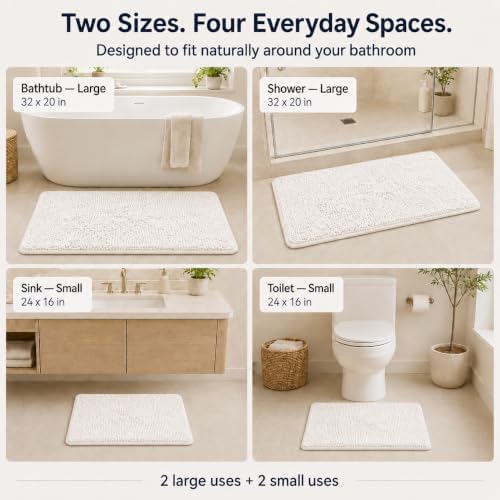 White Bathroom Rugs and Mats Set, 2 Piece Chenille Bath Mat Set, Machine Wash Dry, Non Slip Absorbent Shaggy Bath Rug for Bath Room, Shower and Tub (20" x 32"+16" x 24") Bathroom Rug St Accessories - Image 4