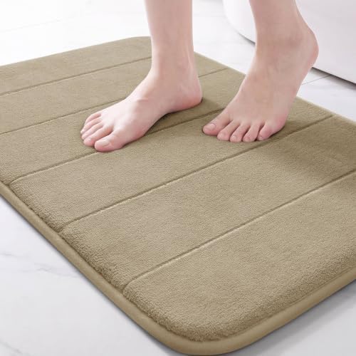 Yimobra Memory Foam Bath Mat, Super Soft Absorbent Bathroom Rug Non Slip, Quick Dry, Machine Washable Floor Carpet for Tub Shower, Home Decor Accessories, 24x17, Light Tan by Yimobra