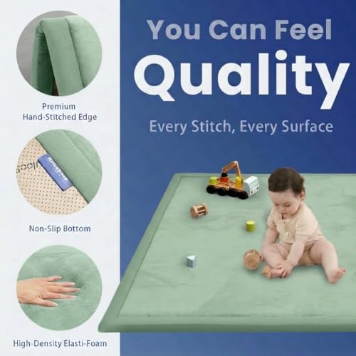Huloo Sleep Baby Play Mat for Floor,1.3" Thick Memory Foam Tummy Time Mat,Soft Coral Velvet Nursery Rug,Extra Large Non Slip Crawling Mats for Living Room(Sage Green) - Image 6