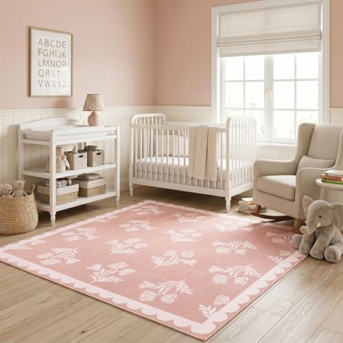 Pink Square Rugs 6ft - Soft Washable Boho Floral Girls Bedroom Rug - Image 6