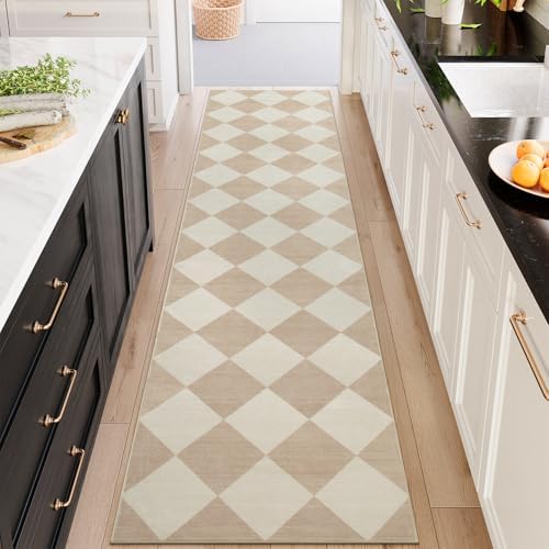 Beeiva Checkered Print Long Hallway Runner Rug Non Slip, Beige Ultra Thin 2.5x10 Washable Runner Rug, Moroccan Trellis Home Decor Faux Wool Neutral Carpet for Bathroom Kitchen Hallways, 10ft by Beeiva