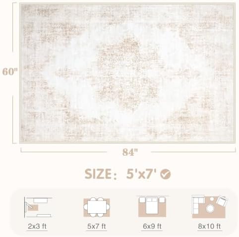 Area Rug 5x7 Vintage Rug: Washable Living Room Rugs Retro Medallion Distressed Large Rugs Soft Low Pile Non-Slip Indoor Floor Carpet for Bedroom Kitchen Nursery Dining Table Office (Beige, 5'x7') - Image 2