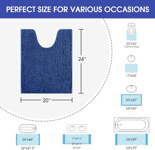 ACCUMTEK Striped Denim Blue Toilet Bathroom Rug Mat 24" x 20" Contour Rug Ultra Soft, Non Slip Chenille Bath Rugs, Absorbent Plush Shaggy Bath Mats for Bathroom, Bedroom, Kitchen, Shower, Tub - Image 2