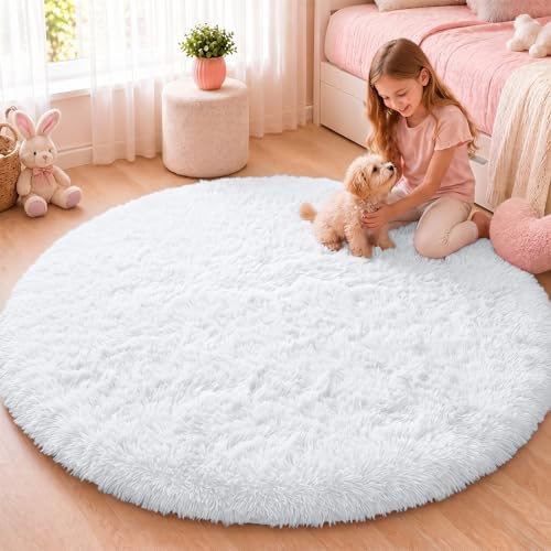 OLANLY White Round Rugs for Bedroom - Machine Washable, 4 ft Circle Area Rugs for Living Room, Soft and Fluffy Shaggy Carpet for Teen Girls and Boys, Nursery Rooms, Dorms, Home Decor Aesthetic by OLANLY