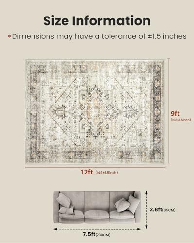 Amada Large 9x12 Washable Area Rug for Living Room, Yellow, Vintage Pattern - Image 2