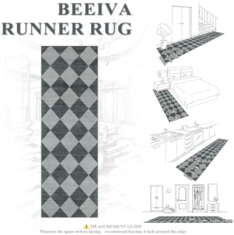 Beeiva Checkered Print Hallway Runner Rug 2.5x8, Ultra Thin Kitchen Runner Rugs Non Skid Washable 8ft, Moroccan Plaid Design Floor Carpet for Entryway Bedroom Bedroom, Gingham Geometric Home Decor - Image 6