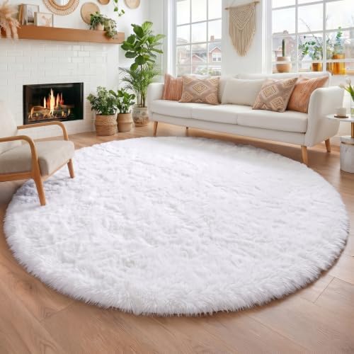 Amdrebio White Fuzzy Round Area Rug 5Ft for Bedroom Living Room Nursery by Amdrebio