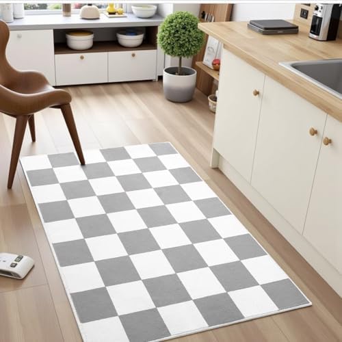 Terrug Grey and White Checkered Rug for Entryway, 2x3 Small Area Rugs - Image 3