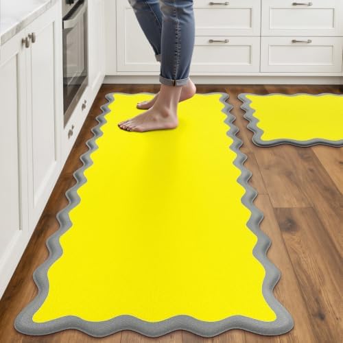 Arenarug Scalloped Kitchen Mats for Floor, Yellow Kitchen Rugs Set of 2 by ArenaRug