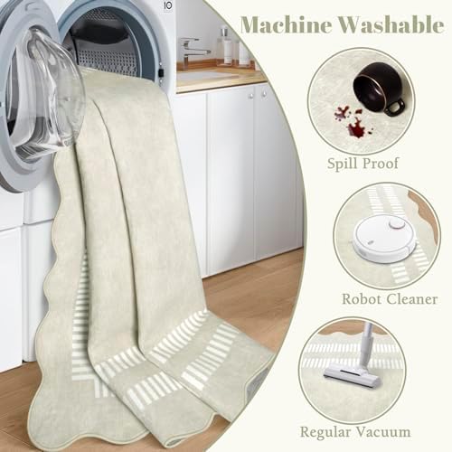 Washable 3x5 Indoor Entryway Rug, Neutral Beige Soft Non Slip Rugs Stain Resistant Scalloped Carpet for Bedroom Kitchen Nursery Home Office - Image 4