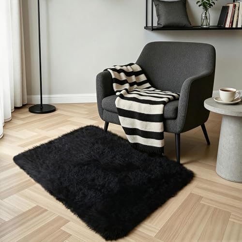 Black Fluffy Shag Rug, 2'x3', Machine Washable Non Slip Plush Floor Carpet - Image 6