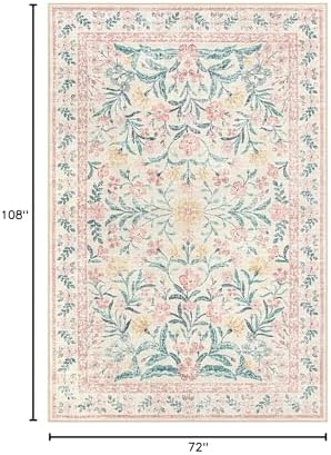 Wonnitar Washable Area Rug 6x9, Pink Floral Rugs for Bedroom Girls Soft Living Room Carpet Ultra-Thin, Boho Non Slip Non-Shedding Pastel Nursery Carpet for Kids Room Playroom Dorm - Image 2