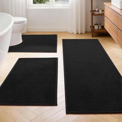 YIHOUSE Black Bathroom Rugs Sets 3 Piece, Quick Dry Thin Bath Mat with Toilet Rug, Non Slip Absorbent Machine Washable, Bath Runner Rugs for Bathtub Sink Home Decor by YIHOUSE