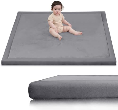 Huloo Sleep Ultra Soft Baby Play Mat for Floor, 1.3" Thick Elasti-Foam 59x59 Play Mat for Playpen,Water-Repellent Coral Velvet for Tummy Time, Non-Slip Backing,Safe for Toddlers & Infants(Dark Grey) by HulooSleep