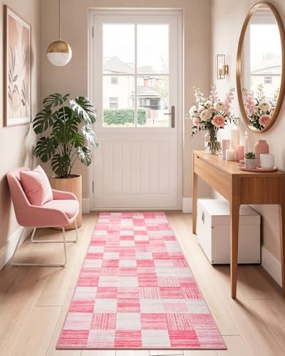 Terrug Pink and White Checkered Area Rug for Kitchen, 2x6 Runner Rugs - Image 2